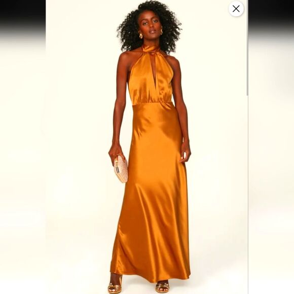 Something Navy Orange Halter Satin Gown Size XS - Picture 1 of 11